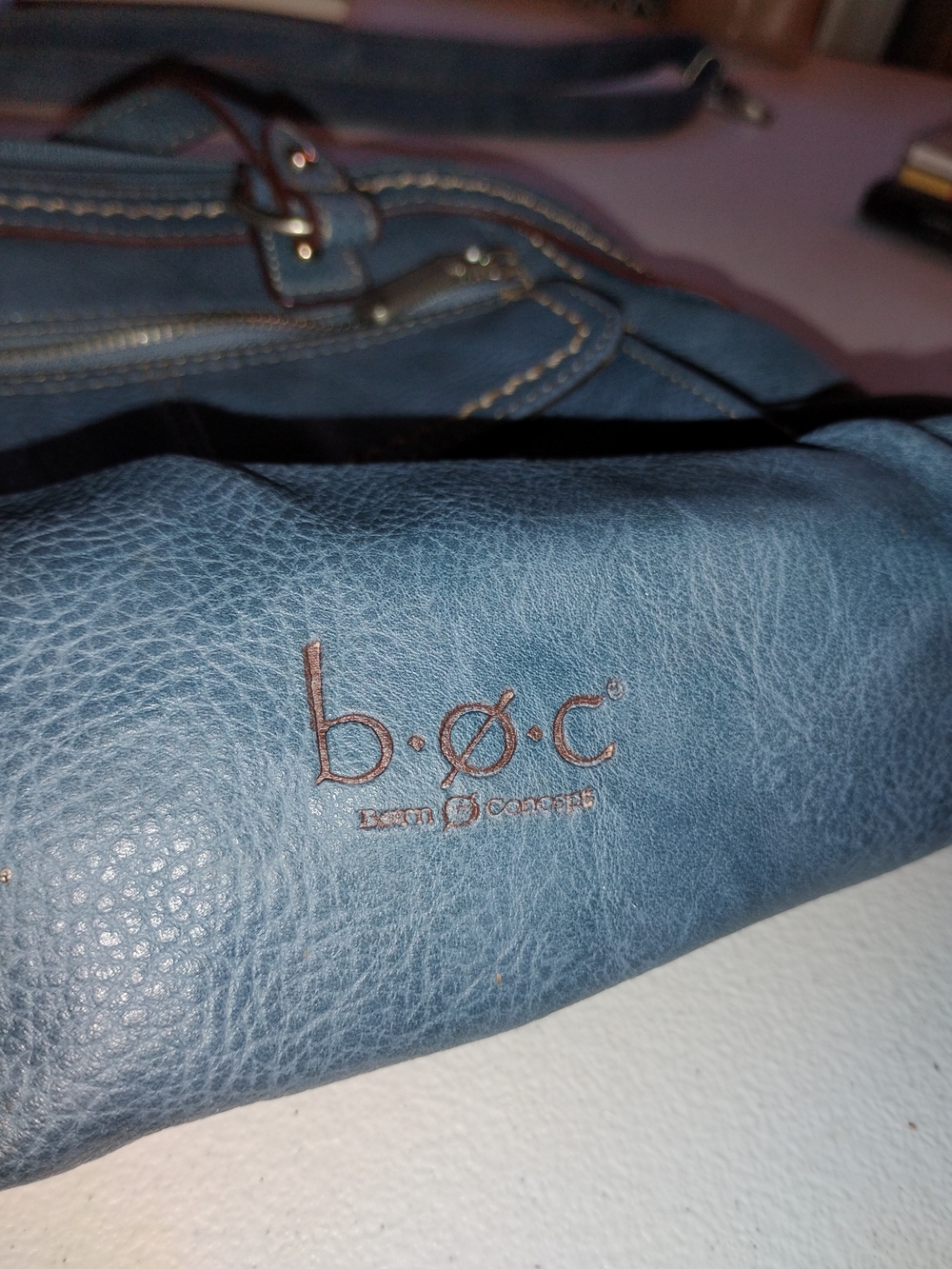 boc Blue Leather Shoulder Bag with Contrast Stitching